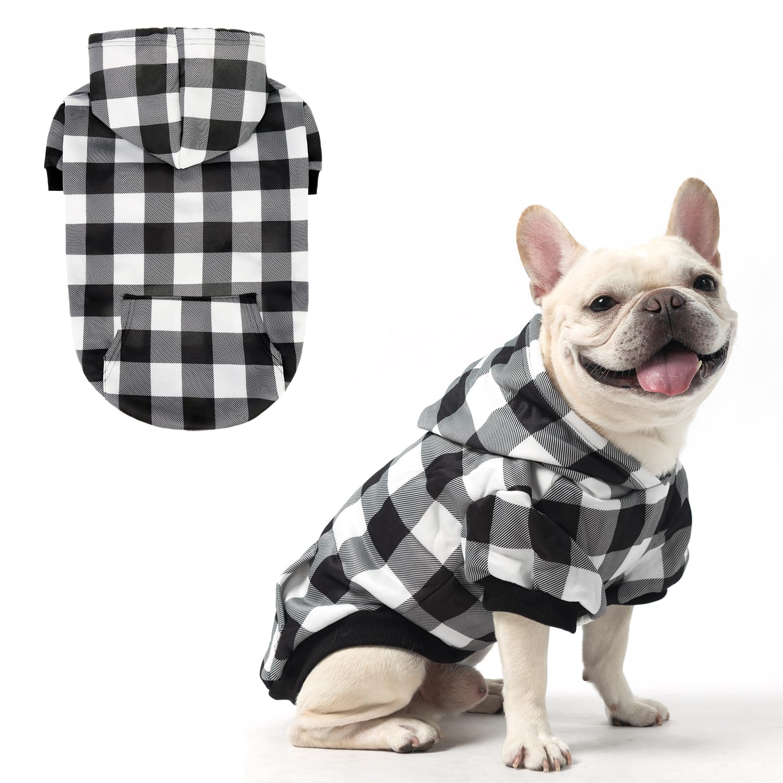 KOOLTAIL Plaid Jumper with Hat and Pocket, Fleece Dog Hooded Sweatshirt Clothes, Soft Winter Warm Dog Cold Weather Coat for Puppy Cats, White M