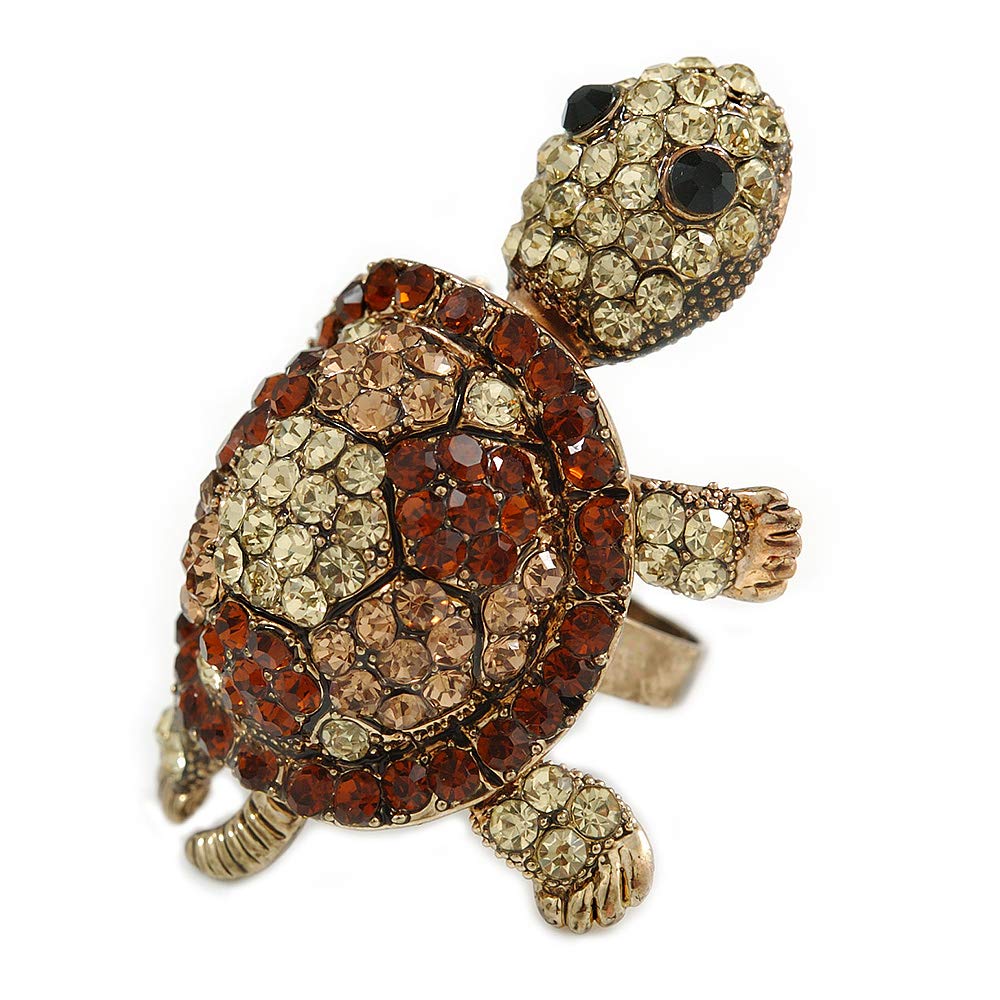 Avalaya Large Amber/Citrine/Champagne Crystal Turtle Ring/Burn Gold Metal/Adjustable/Size 7/8