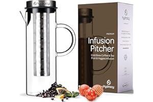 HYDRACY Cold Brew Coffee Maker - Large Glass Infusion Pitcher 1.6 Quarts 52oz - Iced Coffee & Iced Tea Pitcher with Stainless Steel Lid & Fruit Infusion Tube - Perfect for Home or Office