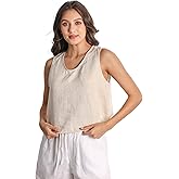 EELOTILE Women 100% Linen Tank Tops Fashion Sleeveless Round Neck Pure Linen Tops