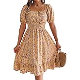 ChiaoLezhee Floral Dress for Women, Puff Sleeve A Line, Spring Tea Party, Knee Length Casual Flowy Milkmaid Boho Flower