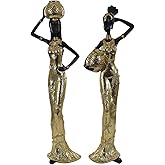 Lescafita Set of 2 Resin African Women Statues – Gold Tribal Figurines with Pots, Afrocentric Ethnic Sculpture for Home Decor, Elegant African Lady Decor for Living Room, Shelf, Gift