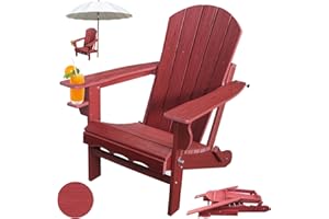 CLOUDEEP Folding Adirondack Patio Chairs, HDPE Fire Pit Chairs Weather Resistant, Outdoor Adirondack Chair with Cup Holder and Umbrella Hole, Wood Texture, Dark Red