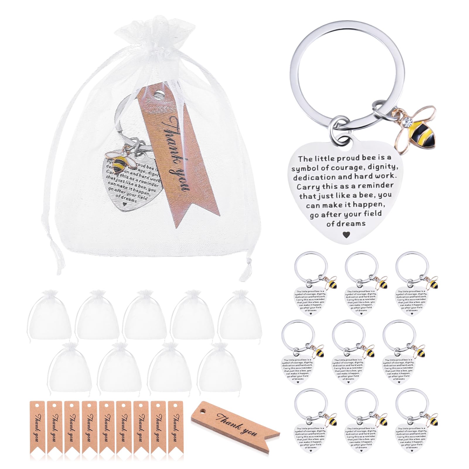 Partideal 10 Sets Thank You Keychain Gifts Inspirational Keyring Bee Keyring Gifts with 10 Pcs White Organza Bags & Thank You Cards Appreciation Gifts for Teacher Colleague Nurse Doctor
