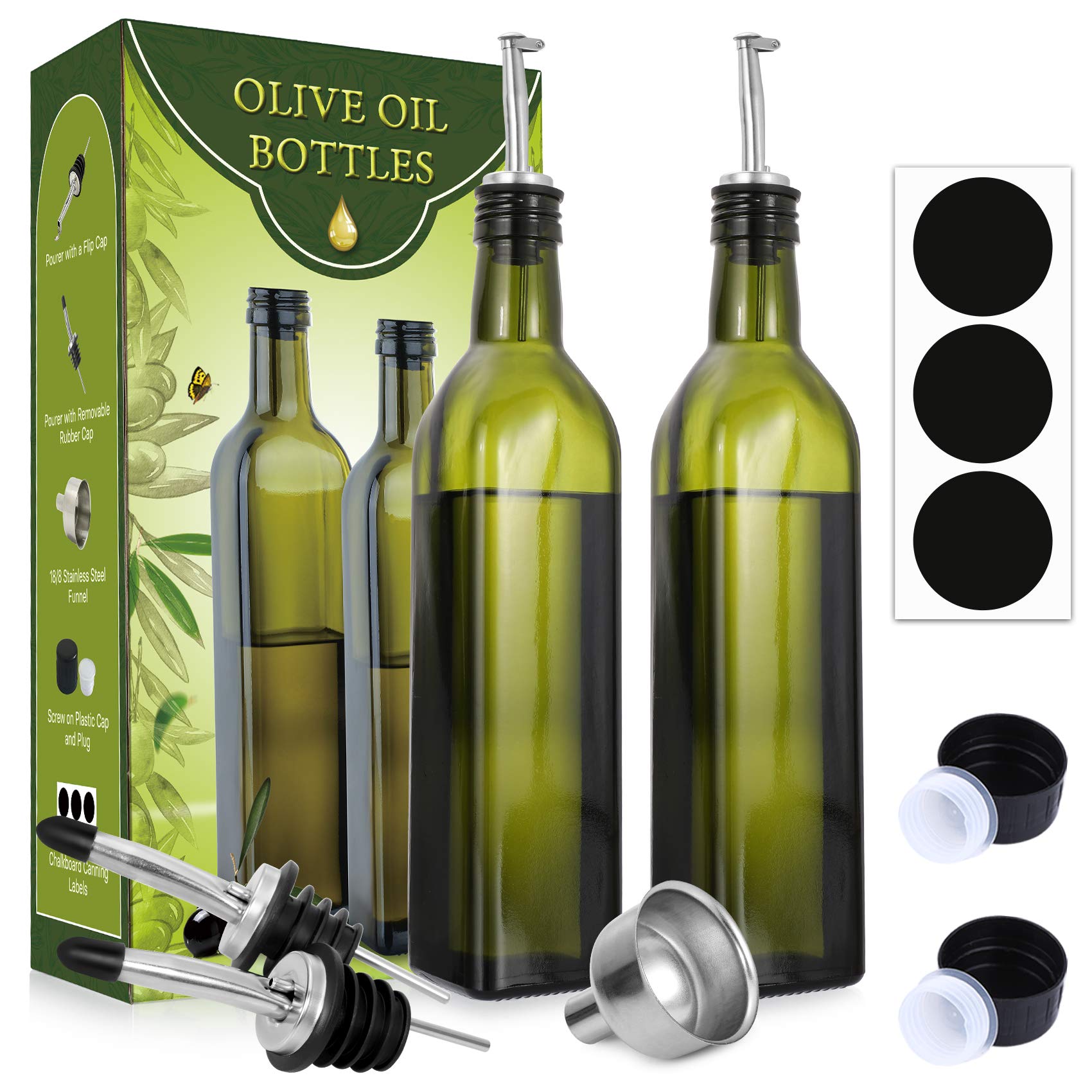 Photo 1 of AOZITA Glass Olive Oil Dispenser Bottle Set - 500ml Dark Green Oil & Vinegar Cruet Bottle with Pourers, Funnel and Labels - Olive Oil Carafe Decanter for Kitchen, 17 Oz (Pack of 2)