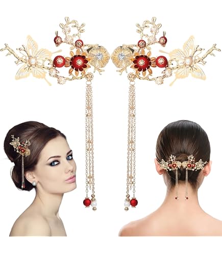 Amazon.com : 1pair Classical Hair Clips Floral Pompom Tassel  display picture 3