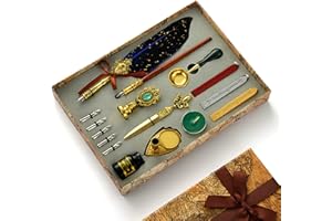 Joyeee Glittering Quill Pen Ink Set, 16 Piece Antique Dip Feather Pen Set with Sealing Wax Stamp Kit, Christmas Gift Box for Him Writing, Drawing & Home Desk Retro Decoration Set #86