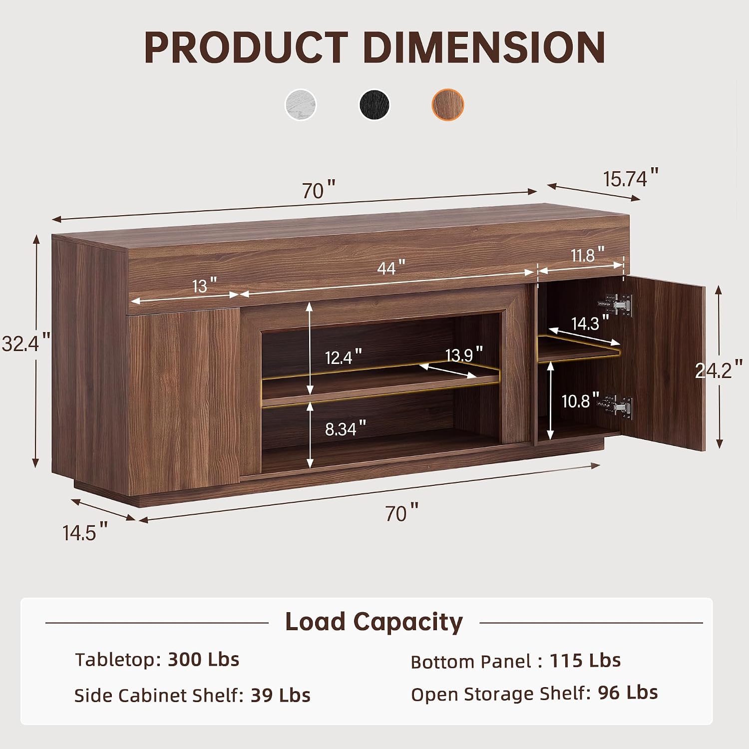 Diagram showing dimensions and load capacities of the YESHOMY 70-inch Modern TV Stand.