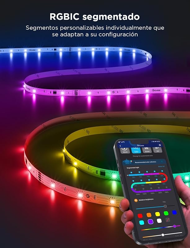 Tira LED 5M, luzes LED RGB com Controlo de Segmento, Sincronização de Música, 64 Modos de Cena, Controlo por App e Milhões de Cores para Quarto, Sala de Estar, Festa