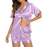 Ekouaer Silk Pajamas for Women Short Sleeve Sleepwear Soft Button Down Loungewear 2 Piece Satin Pjs Shorts Set
