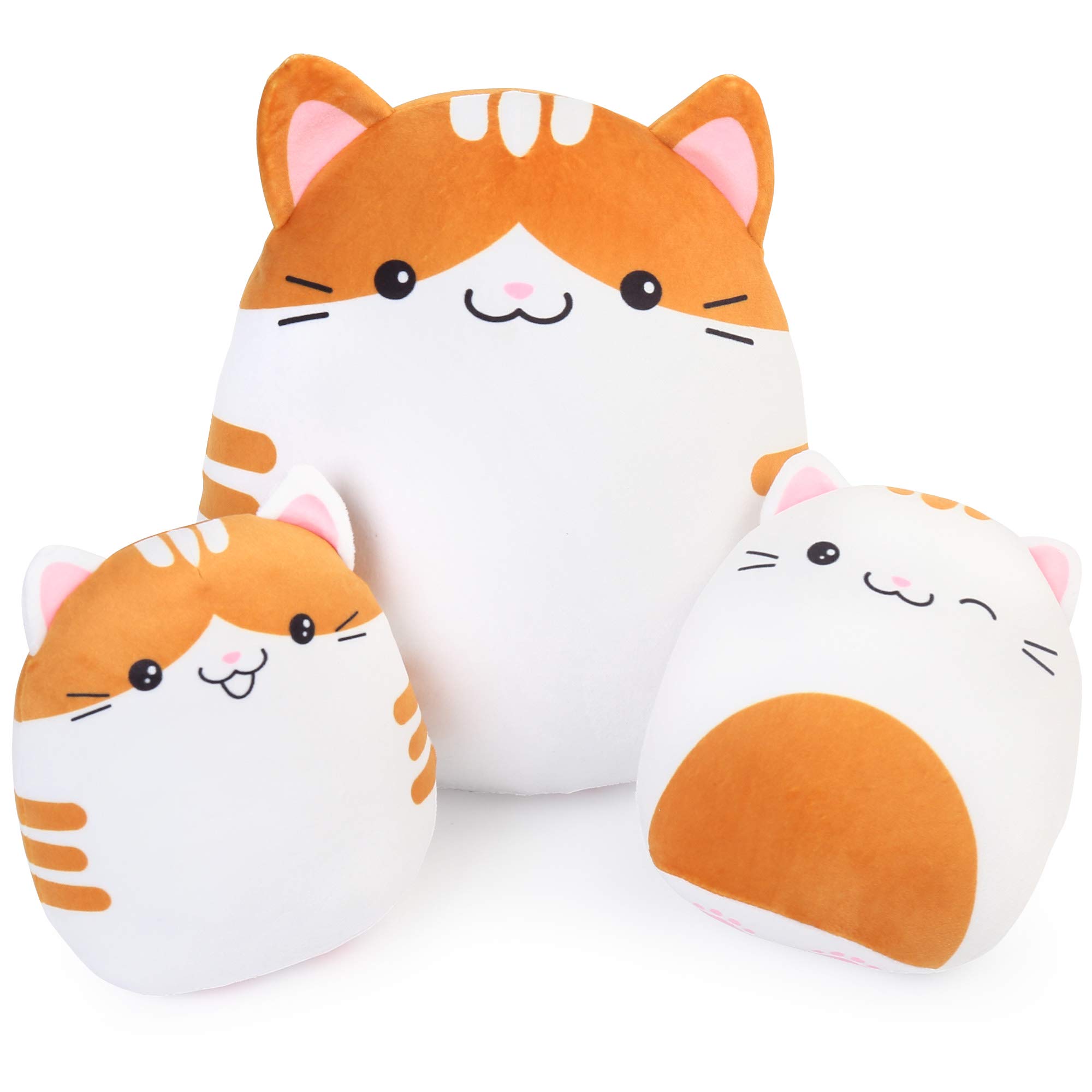 LotFancy Cat Plush Pillow, Stuffed Animals Cat, Plush Soft Toy Set of 3, 30cm and 17cm*2 Squishy Kitty Hugging Pillow for Kids