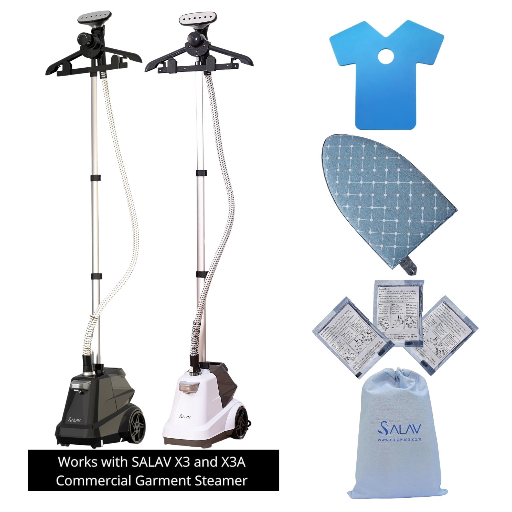 SALAV® Heavy Duty Commercial Garment Steamer Accessories Set – Includes Mini Ironing Board, Steam Mitt, 3-Piece Descaler Packets, and Storage Bag – Ideal for Professional & Home Use