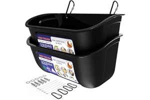 Goovilla Chicken Feeder Waterer, Hanging or Screw-in Fence Feeders with Clips, 2 Pack 5 Quart Goat Feeding Supplies, Duck Piglet Sheeple Coop Dog Livestock Poultry Plastic Feeder Trough Bucket, Black