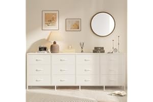 FinerFurnis 70 Inch Extra-Long Dresser TV Stand with 12 Fabric Drawers & Charging Station – Wide Storage Chest, Entertainment