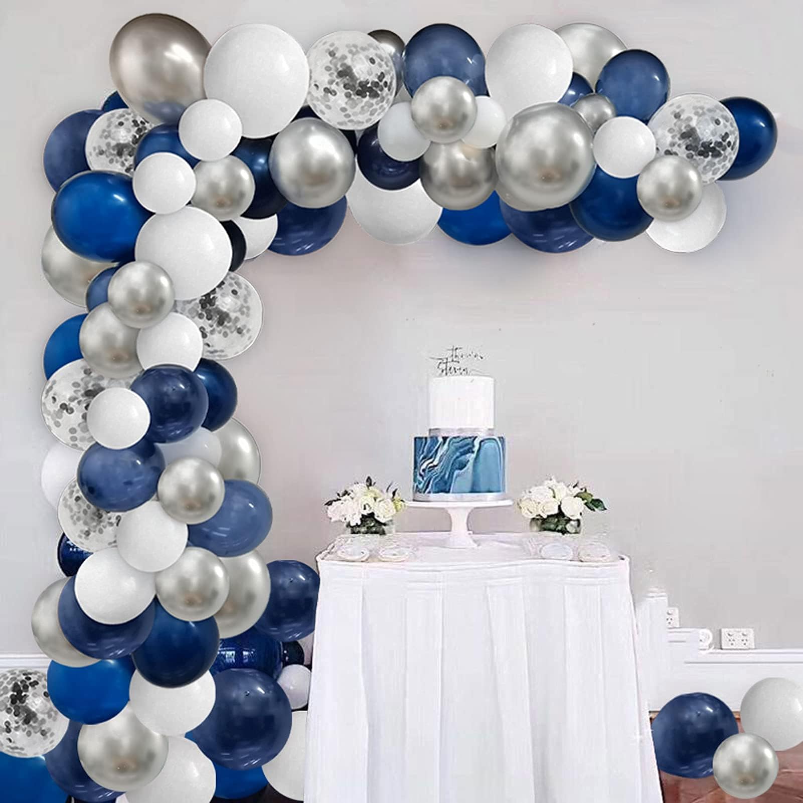 Photo 1 of 124pcs Blue Silver White Balloons Garland Arch Kit 5/10/12/18 Inch Royal Navy Blue White Metallic Silver Confetti Set for Birthday Wedding Graduation Party Father's Day Decor