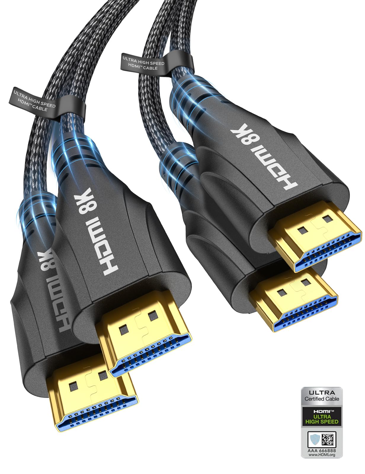Cratree HDMI Cable 1M 2Pack Certified,8K Ultra High Speed HDMI Cable 4K 120hz 8K 60hz 10K 48Gbps,HDCP 2.3 Dolby Atmos Vision eARC Compatible with HDTV PS5 Xbox Blu-ray Gaming Monitor Laptop PC — image 1