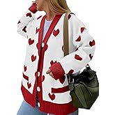 Saodimallsu Womens Oversized Heart Cardigan Color Block V Neck Button Long Sleeve Chunky Valentines Sweaters