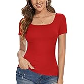 Red Fitting Tshirts Square Neck Tops for Women Short Sleeve Casual Work Summer Cloth Going Out Trendy Workout Tee Shirts Cute Ladies 2025 (Red M