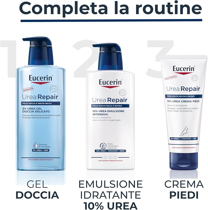 Urea Repair Gel Doccia Delicato 5% 400 ml, Detergente corpo idratante ed esfoliante, Docciaschiuma con 5% Urea per un sollievo immediato, Bagnoschiuma per pelle secca e molto secca
