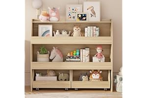 COZPAW Toy Storage Organizer, 3 Tier Montessori Shelf with Movable Bins, Toy Organizers Book Shelf for Kids Room, Playroom, Nursery (Wood)