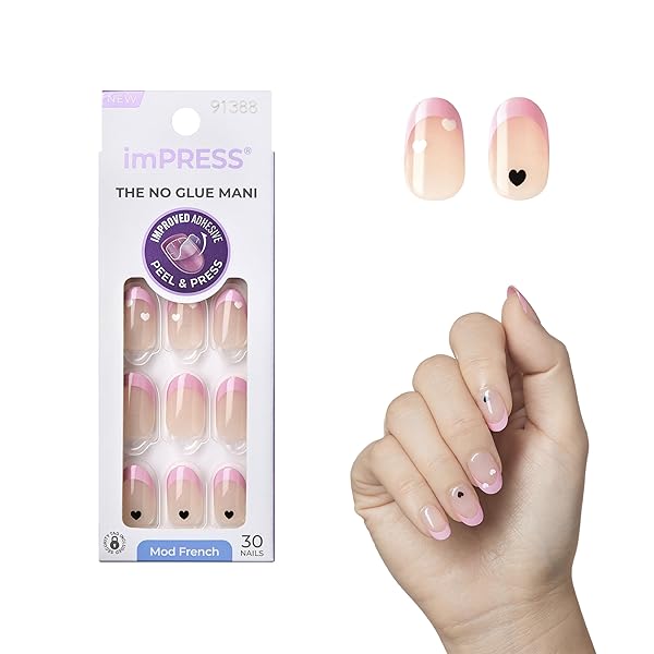 KISS IMPRESS NO GLUE MANI PRESS ON NAILS, FRENCH, ‘DITTO’, LIGHT NEUTRAL + PINK TIP FRENCH, SHORT SIZE, OVAL SHAPE, INCLUDES 30 NAILS, PREP PAD, INSTRUCTIONS SHEET, 1 MANICURE STICK, 1 MINI FILE