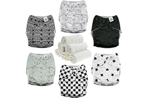 Mama Koala 3.0 Pocket Cloth Diapers for Babies with AWJ Lining, 6 Pack with 6 4-Layer Natural Cloth Diaper Inserts - Reusable and Washable Pocket Diapers (Black and White)
