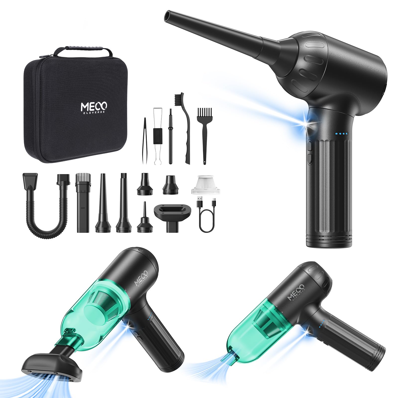 Photo 1 of MECO ELEVERDE Compressed Air Duster Electric, 130000RPM 4in1 Air Duster Vacuum/Mini Vacuum/Air Blower & Pump, 3 Gear Brushless Motor with LED Light for PC, Keyboard, Car, Carpet (Green)