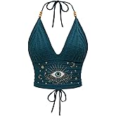 BEAUDRM Women's Y2k Crochet Halter Top Goth Clothes 70s Hippie Top Boho Crop Tie Backless Knit Cami Tank