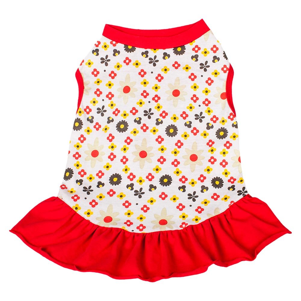 Blueberry Pet Red & Sunshine Yellow Floral Cotton Dog Dress, Back Length 12"/30cm, Pack of 1 Clothes for Dogs