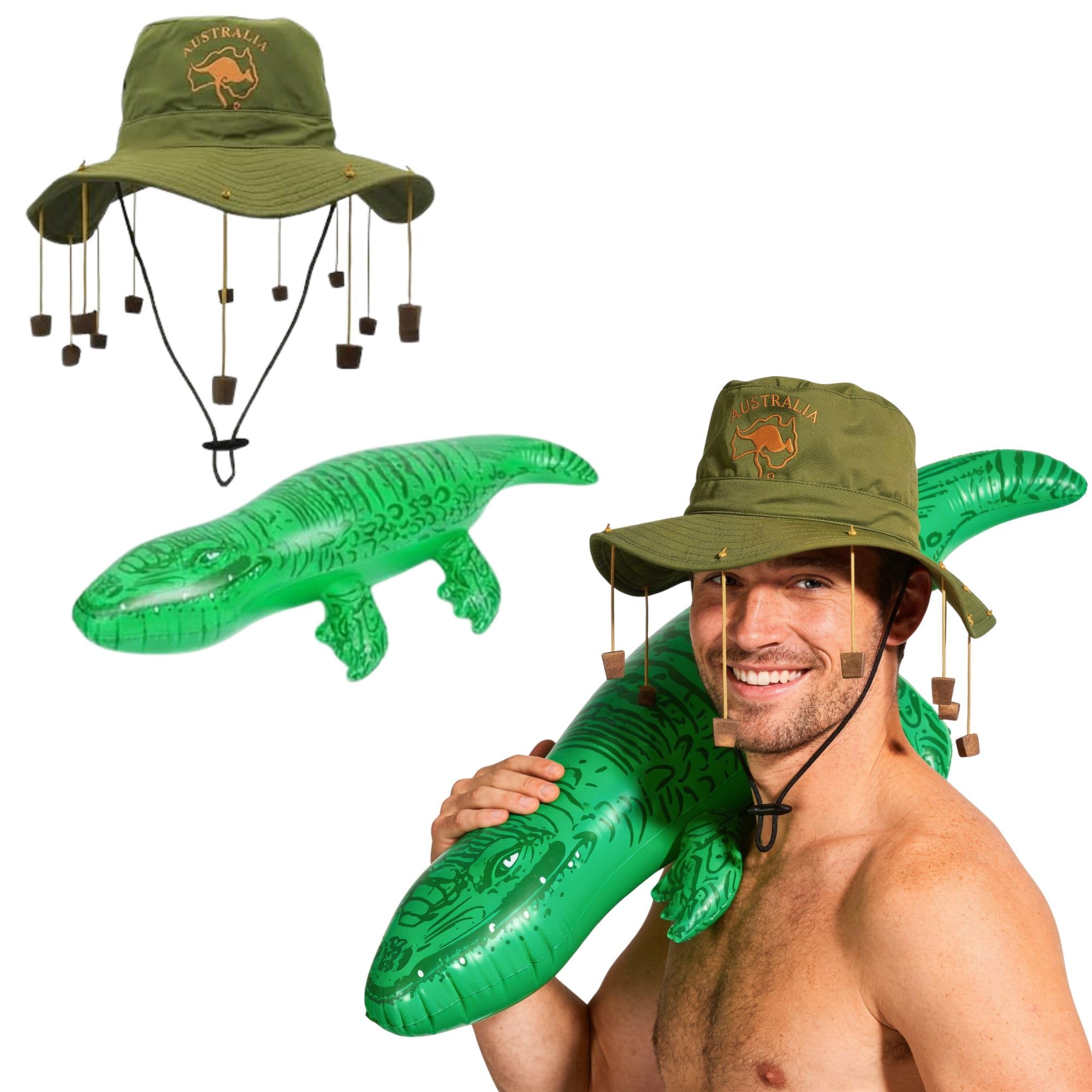 FNA FASHIONS® Adult Australian Cork Hat with 10 Corks & 90 cm Inflatable Crocodile Set | Aussie Fancy Dress Accessory Set for Australia Day, Stag Parties, BBQs, Festivals & Pool Fun