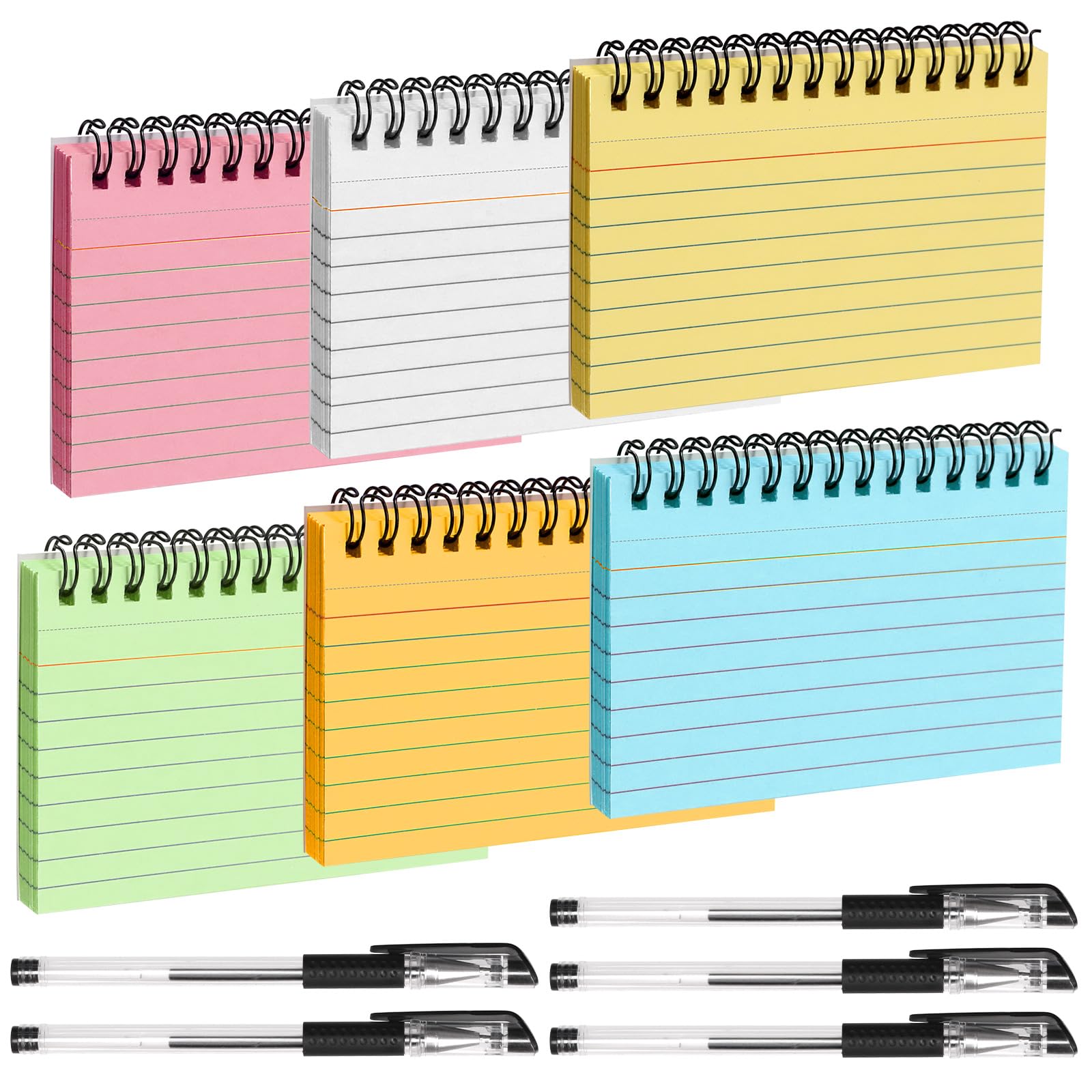 Keadic 300 Sheets Multicolor Ruled Index Cards and Pens Set, 6 Colors 3x5 Inches Spiral Flashcards Learning Note Taking Paper with Ring for Memory, Recipe, School Office to Do List