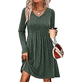 OFEEFAN Long Sleeve Sweater Dress Fall Dresses 2025 V Neck Empire Waist Baby Doll Dresses Women Casual Dress with Pockets