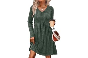 OFEEFAN Long Sleeve Sweater Dress Fall Dresses 2025 V Neck Empire Waist Baby Doll Dresses Women Casual Dress with Pockets