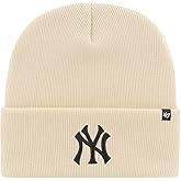 47 New York Yankees Mens Womens Cuffed Knit Winter Hat, Stretch Fit, Cream/Natural White, Black Logo, One Size