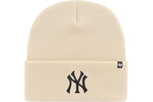 47 New York Yankees Mens Womens Cuffed Knit Winter Hat, Stretch Fit, Cream/Natural White, Black Logo, One Size