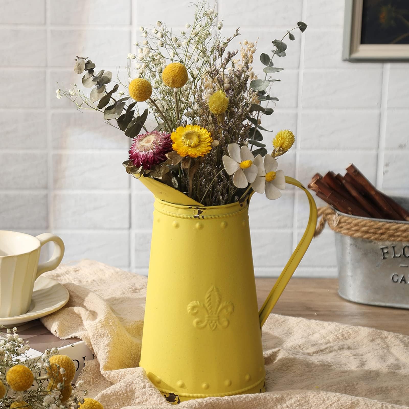 Photo 1 of APSOONSELL French Style Shabby Chic Vase Metal Flower Vase Vintage Jug Rustic Farmhouse Decor for Home, Yellow