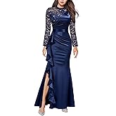 Miusol Women's Vintage Lace Contrast Satin Design Ruched Ruffle Formal Evening Maxi Dress
