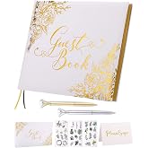 FECIBOE Wedding Guest Book, Guest Book Wedding Reception with Pens, 9x7'' | Personalized Wedding Guestbook Photo Album Sign in Book, Gold Foil Hardcover &amp; Gilded Edges, For Weddings Baby Shower Party