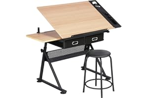 FullFurnique Drawing Table with Stool,Angle and Height Adjustable Drafting Table with Large Work Surface Slide-Out Side Table