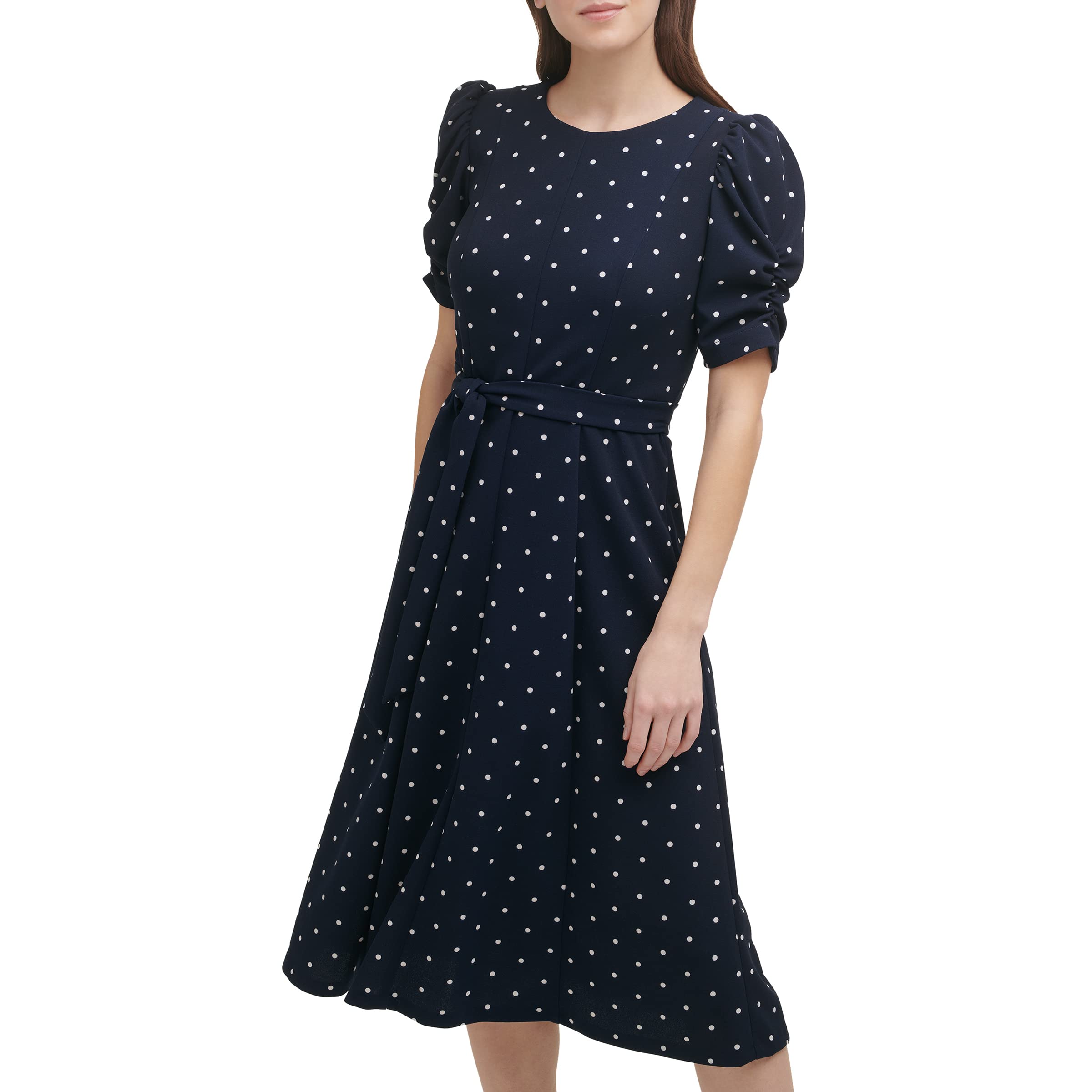 DKNY Women’s Knot Sleeve Midi Shirt Dress, Midnight Navy/Ivory, 10