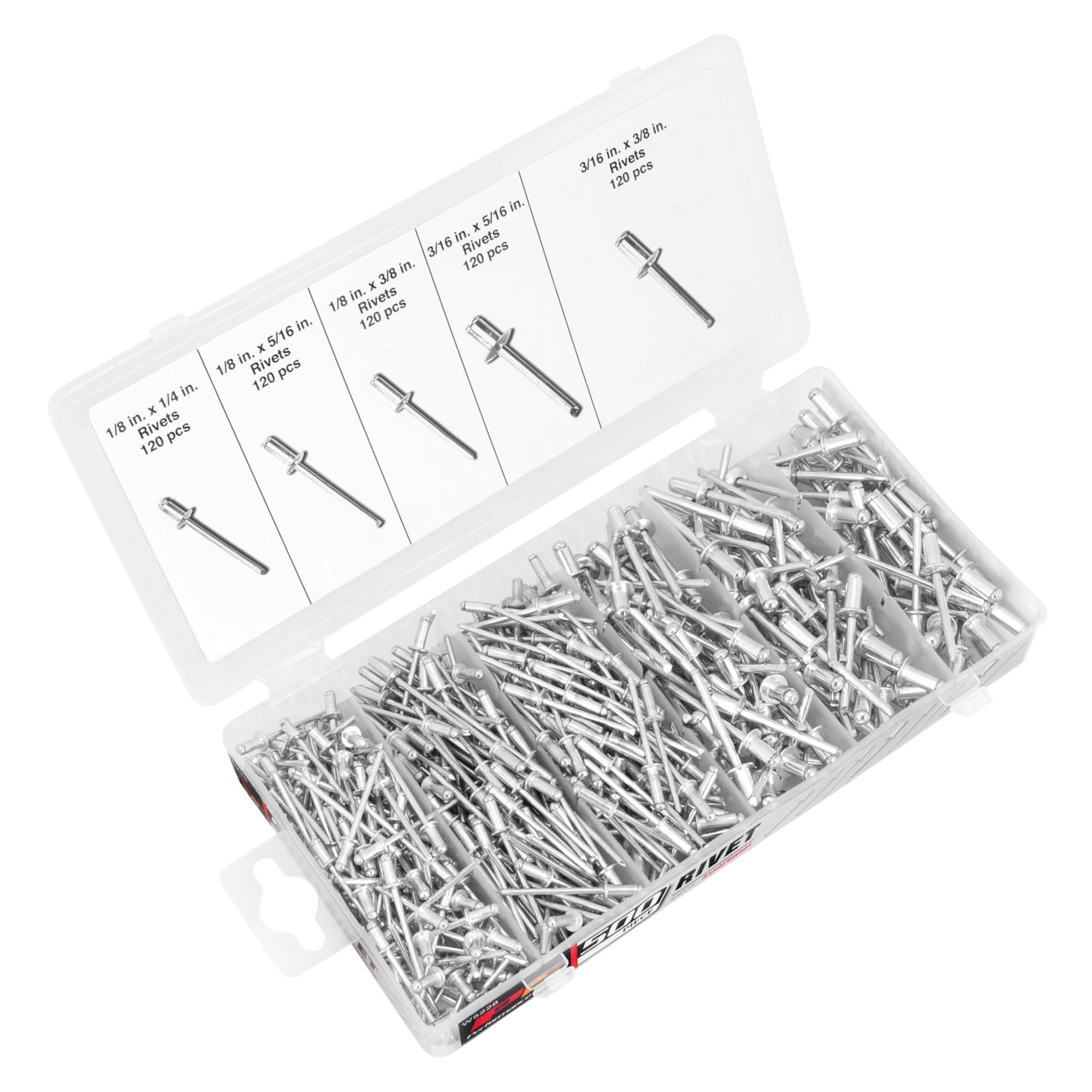 PERFORMANCE TOOL W5228 Aluminum Rivet Assortment Tool Set in a Re-Sealable Plastic Case, (500-Piece), Black — image 1