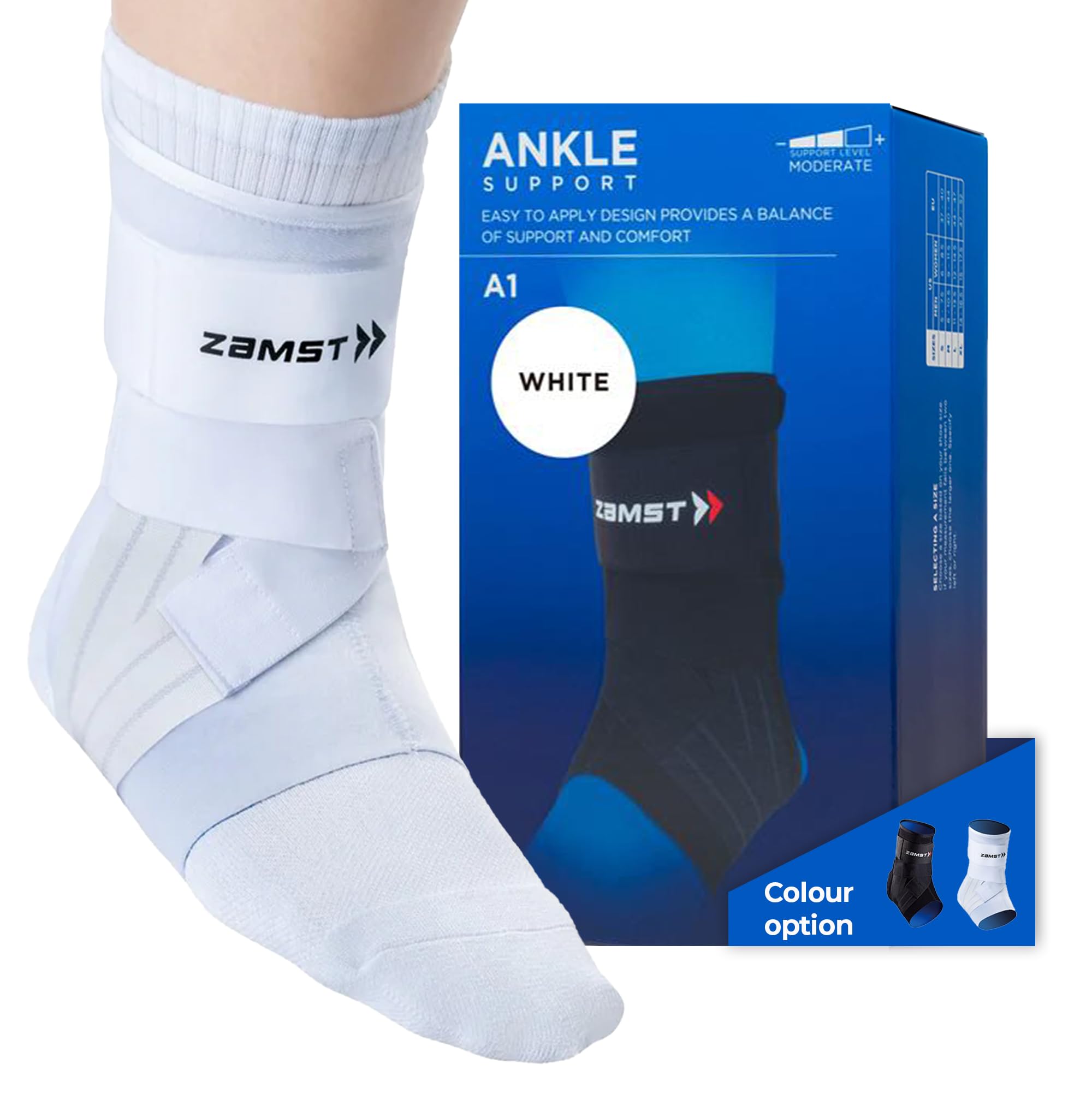 Photo 1 of Zamst A1 White Ankle Brace for Sports - Breathable Sports Ankle Support for Men and Women with Adjustable Three Way Straps for Moderate Lateral Ankle Sprain - Left, Medium