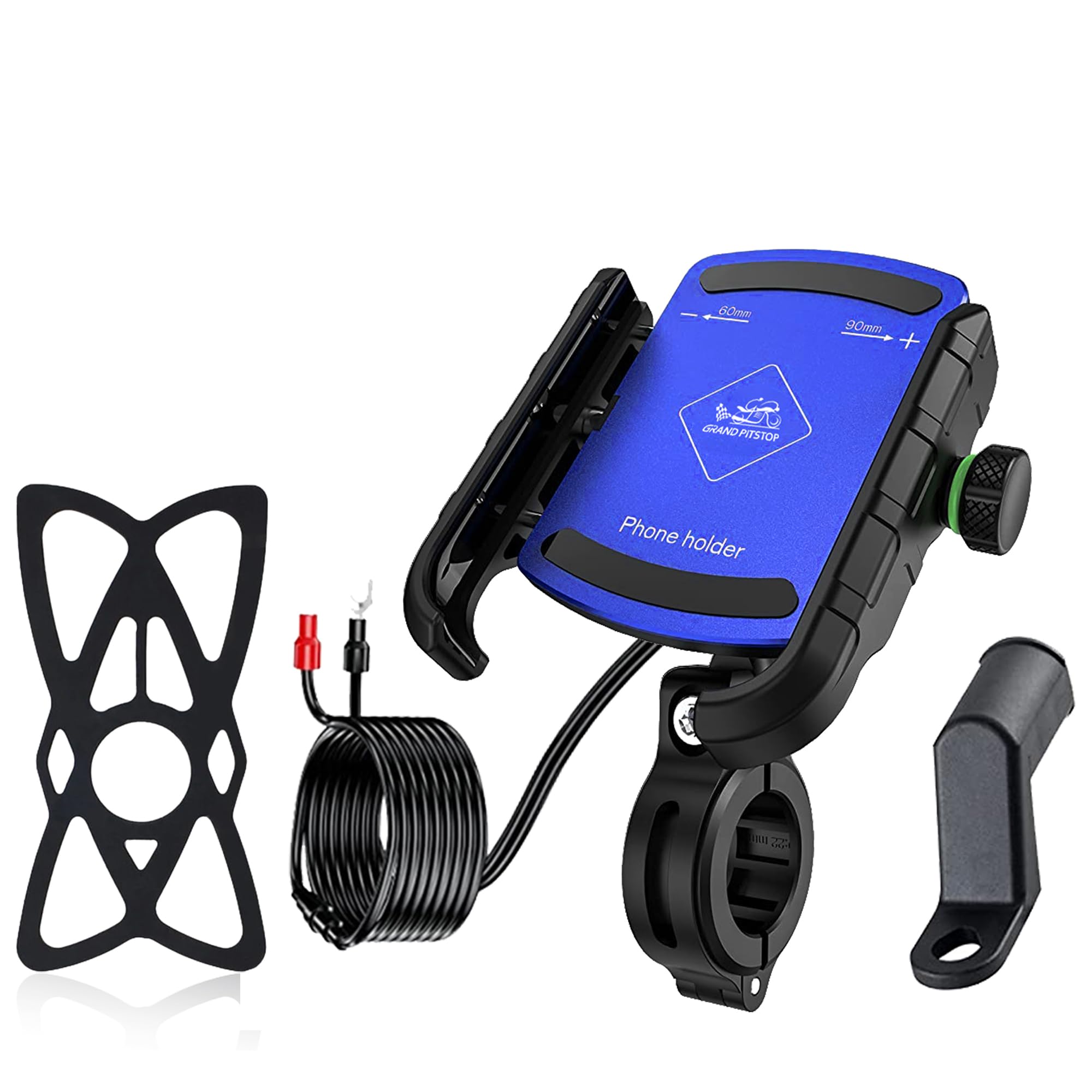 GRAND PITSTOP Motorcycle Phone Holder USB Charger Handlebar/Rear-View Mirror Cellphone Mount Aluminum with 17mm Ball Works with 12/24V Motorcycles Quick Charge for 4.0-6.8 Inch Smartphones (Blue)
