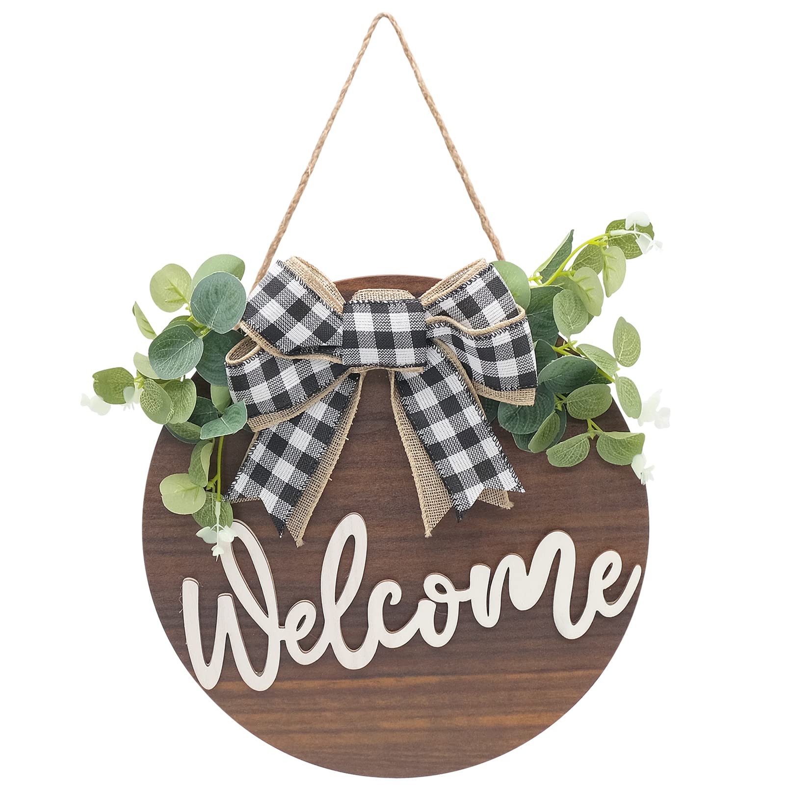 LTHERMELK Welcome Sign for Front Door Rustic Round Wooden Welcome Wreaths Vintage Welcome Wall Sign with Flowers and Bow for Farmhouse porch Front Door Decoration (Coffee), Brown