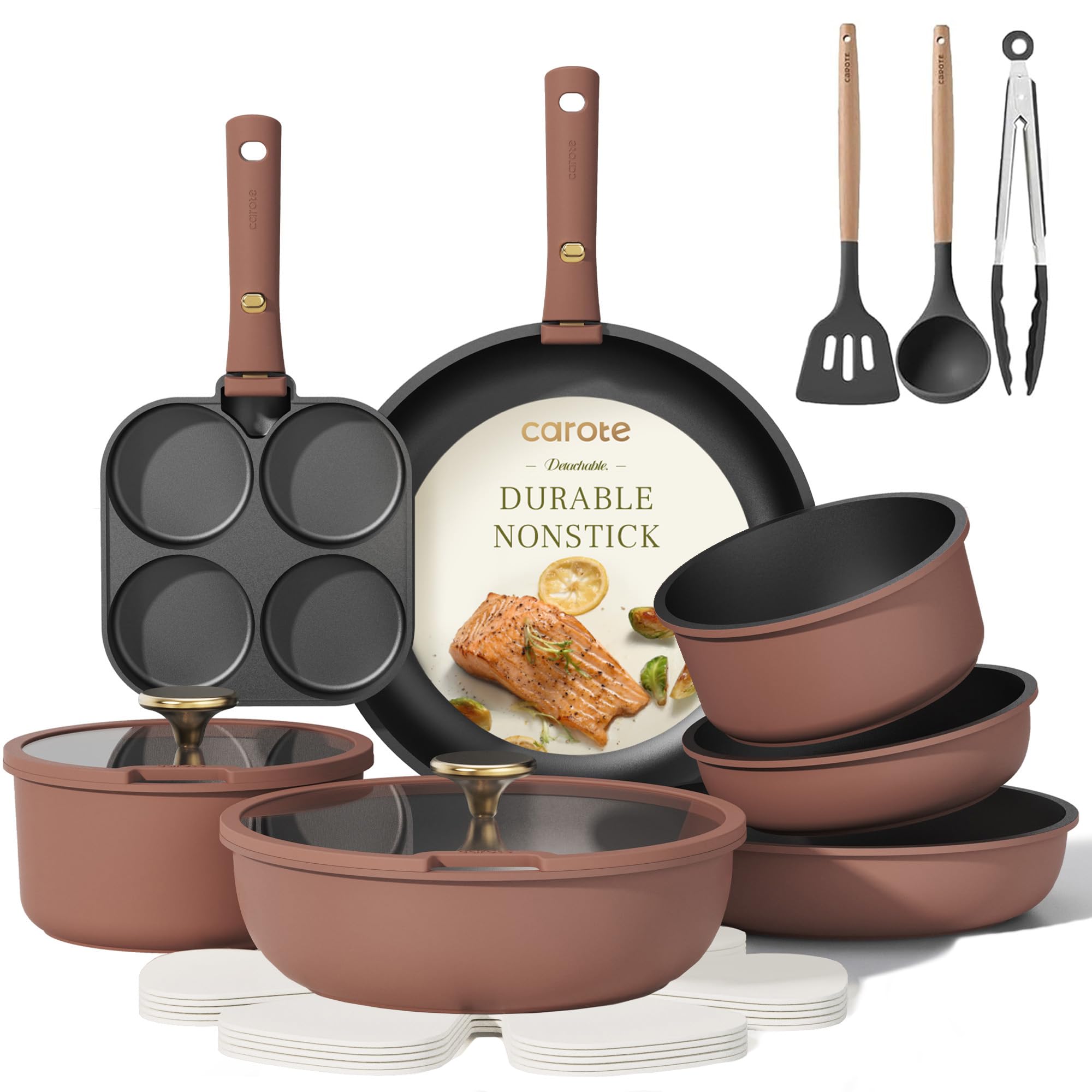 Photo 1 of CAROTE 19pcs Pots and Pans Set, Nonstick Cookware Set Detachable Handle, Induction Kitchen Cooking Set Non Stick with Removable Handles, RV Cookwares, Brown