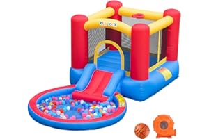 Klo Kick Indoor Bounce House for Kids 3-6 with Ball Pit Pool with Blower, Inflatable Jumping House with Water Slide for Outdoor Playground Party, Built-in Basketball Hoop, 250 LBS Capacity (Red)