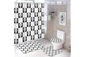 EENSYWEENSY Horror Face Bathroom Set, 4-Piece with Shower Curtain 71x71, Bath Mat, Contour Rug, Toilet Lid Cover, Black and White Checkerboard Pattern