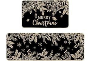 Artoid Mode Black Holly Pine Branches Merry Christmas Kitchen Mats Set of 2, Winter Decor Low-Profile Kitchen Rugs for Floor - 17x29 and 17x47 Inch