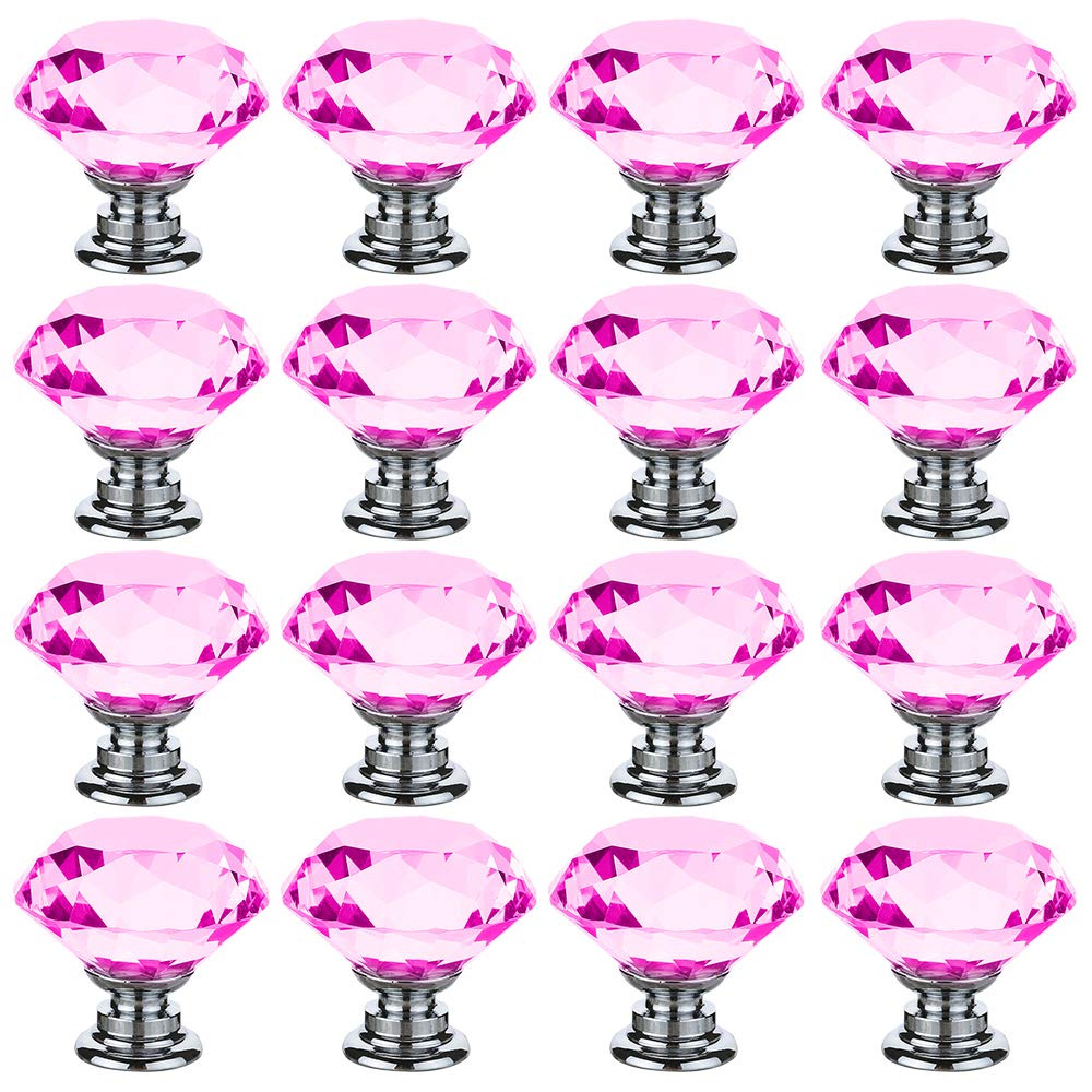 JTWEB 16PCS 30mm Pink Crystal Glass Door Knobs Cupboard Cabinet Handle Drawer Pull Handle with Screw(16pcs Pink)
