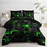 Nttopship Geometric Green Black King Comforter Set,Light Honeycomb Bedding Set 7 Piece in A Bag,Bed Sheet Set Geometry Decor,Microfiber Lightweight All Season
